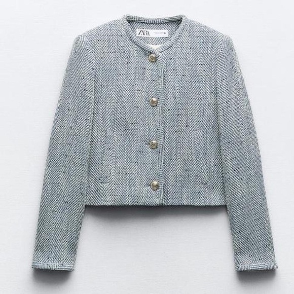 Zara blue & white cotton tweed herringbone blazer jacket - size Small (S) NWT - Picture 1 of 8